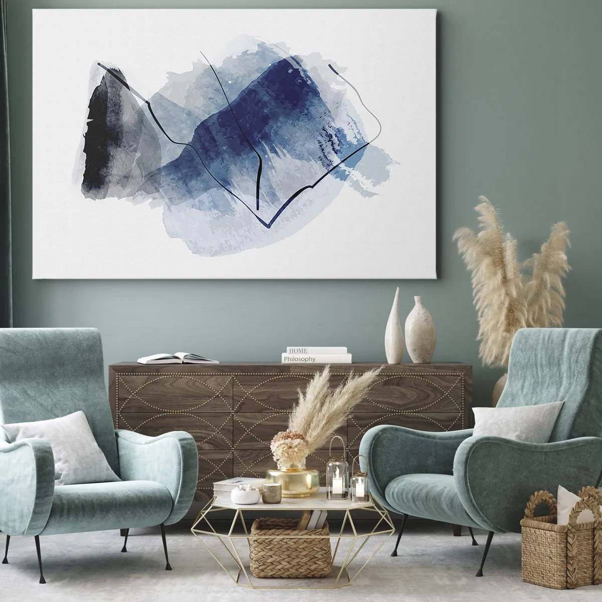 Schilderen op canvas - Abstracte vormen in blauwtinten met fijne lijnen - 70x50cm - Ijsberg - Moderne wanddecoratie voor woonkamer en slaapkamer ARTTOR