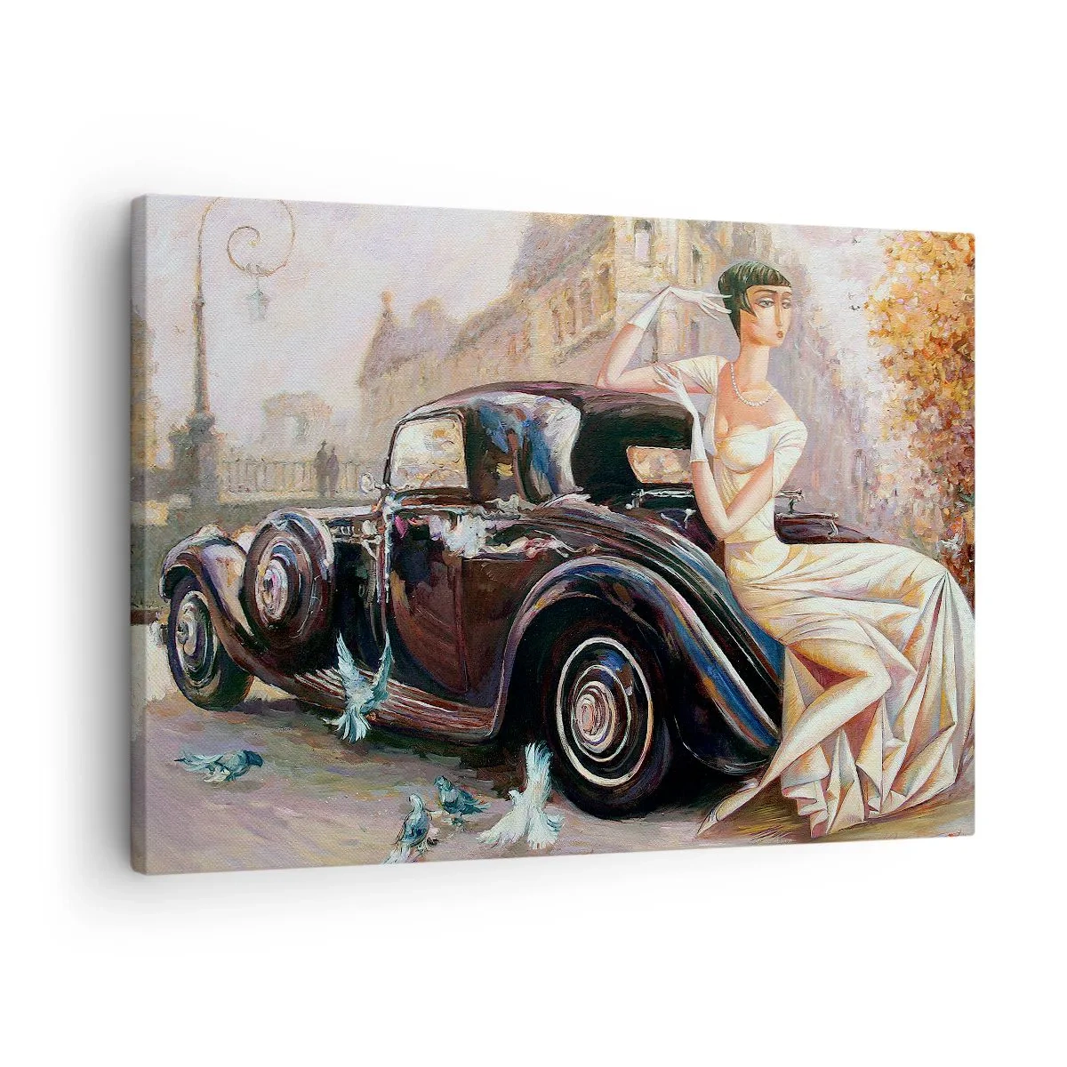 Schilderen op canvas - Retro vrouw naast klassieke auto - 70x50cm - Elegantie in retrostijl - Moderne wanddecoratie voor woonkamer en slaapkamer ARTTOR