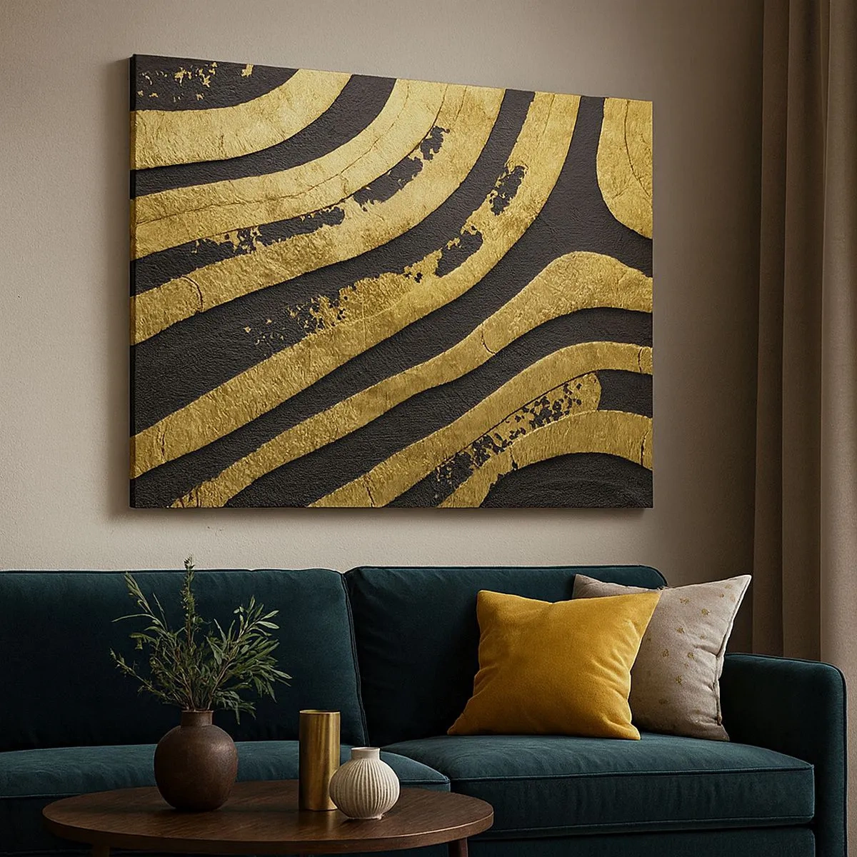 Schilderen op canvas - Gouden abstracte golven op een zwarte achtergrond - 70x50cm - Alles vloeit - Moderne wanddecoratie voor woonkamer en slaapkamer ARTTOR