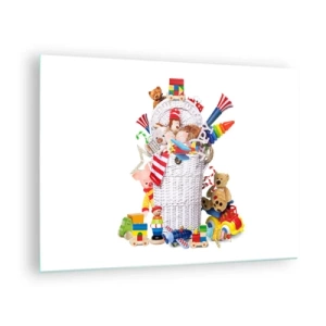 Schilderen op glas - Een mand vol kleurrijk speelgoed op een witte achtergrond - 70x50cm - Schatjes van Kleintjes - Moderne wanddecoratie voor woonkamer en slaapkamer ARTTOR