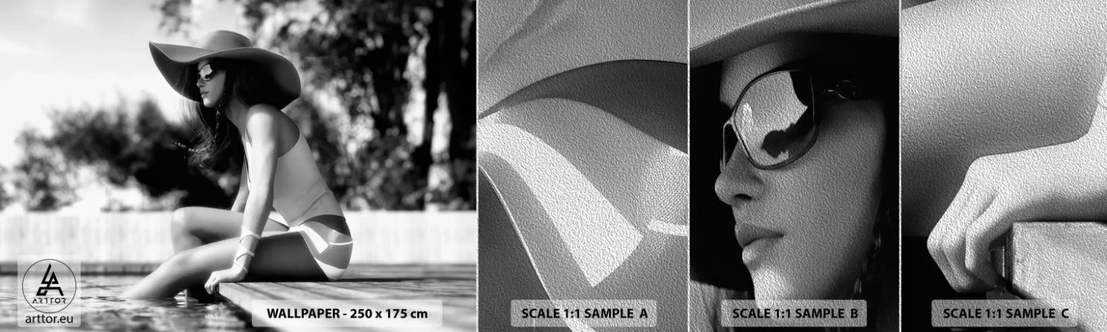 Fotobehang Monster Premium Sand - Zomerdroom - Vrouw, Hoed, Zwembad - 100x30 cm