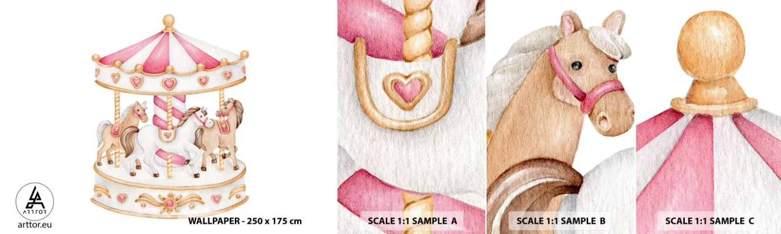 Fotobehang Monster Zelfklevend Deluxe Sticker - De zoete kinderwereld - Draaimolen, Meisjesachtig, Paarden - 100x30 cm