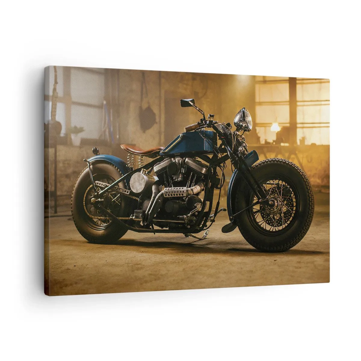 Schilderen op canvas - Een stijlvolle motorfiets in een industrieel interieur met warme verlichting - 70x50cm - Ik kan alles  - Moderne wanddecoratie voor woonkamer en slaapkamer ARTTOR