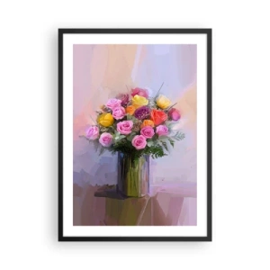 Poster in een zwarte lijst - Een boeket rozen en bloemen in een glazen vaas - 50x70cm - Ingehouden schoonheid - Moderne wanddecoratie voor woonkamer en slaapkamer ARTTOR