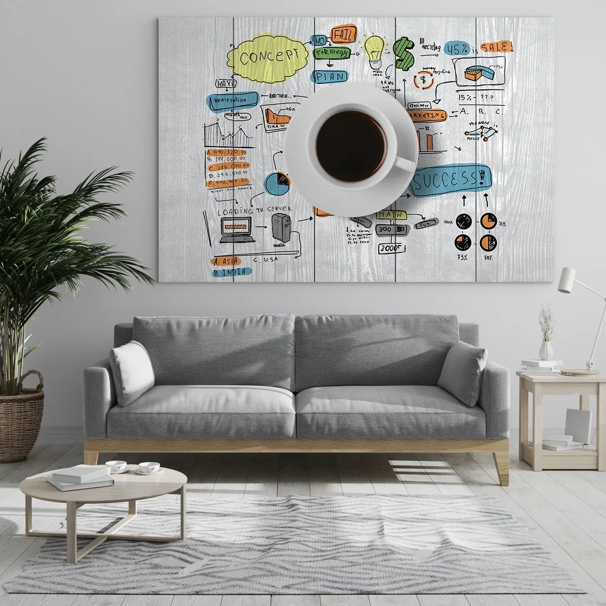 Schilderen op glas - Een kopje koffie tegen een achtergrond van diagrammen en conceptuele tekeningen - 70x50cm - Tijd voor een pauze - Moderne wanddecoratie voor woonkamer en slaapkamer ARTTOR