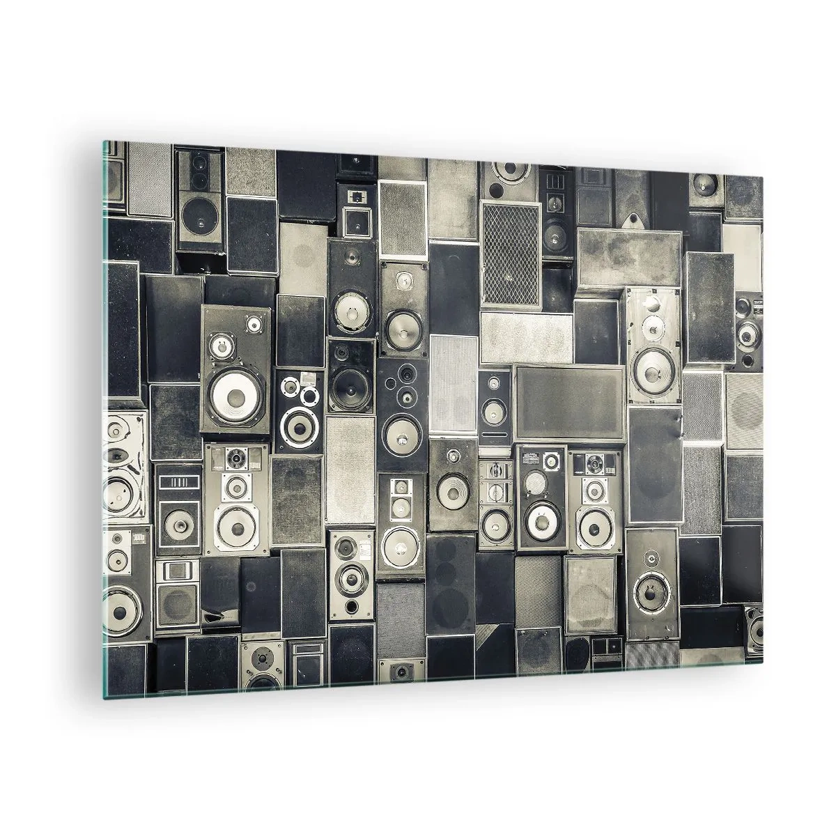 Schilderen op glas - Een compositie van retro speakers in grijstinten - 70x50cm - En alles is goed - Moderne wanddecoratie voor woonkamer en slaapkamer ARTTOR