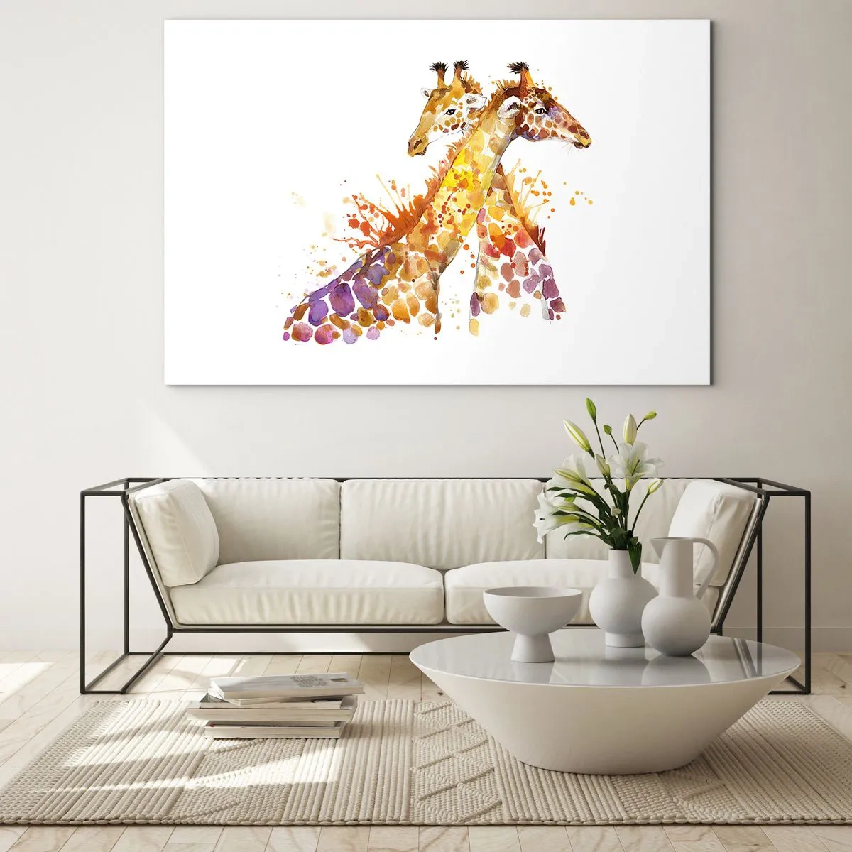 Schilderen op glas - Artistieke giraffen in aquarelstijl op een witte achtergrond - 70x50cm - Is het vriendschap of is het een baby? - Moderne wanddecoratie voor woonkamer en slaapkamer ARTTOR