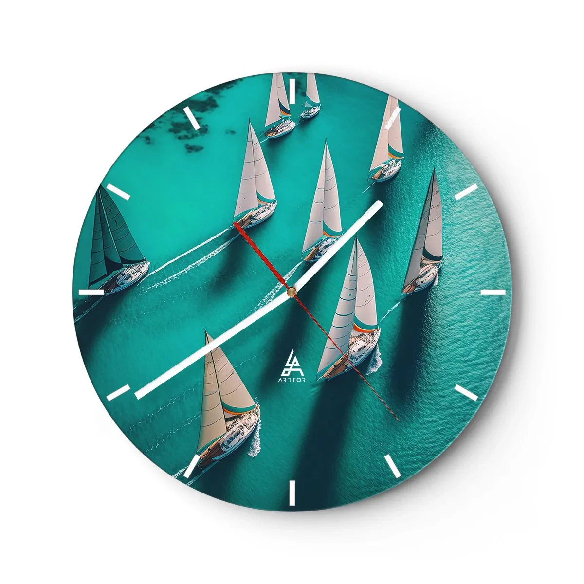 Wandklok - Klok - Zeiljachten op turquoise water in een dynamische opstelling - 30x30cm - In een wedstrijd met de wind - Moderne wanddecoratie voor woonkamer, keuken en slaapkamer ARTTOR