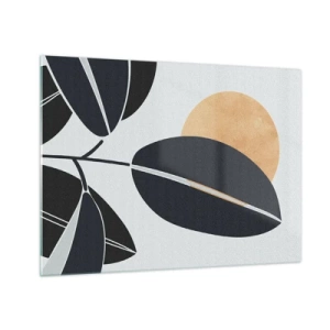 Schilderen op glas - Gestileerde bladeren in zwart met een oranje zon op de achtergrond - 70x50cm - Hete zomerdag - Moderne wanddecoratie voor woonkamer en slaapkamer ARTTOR