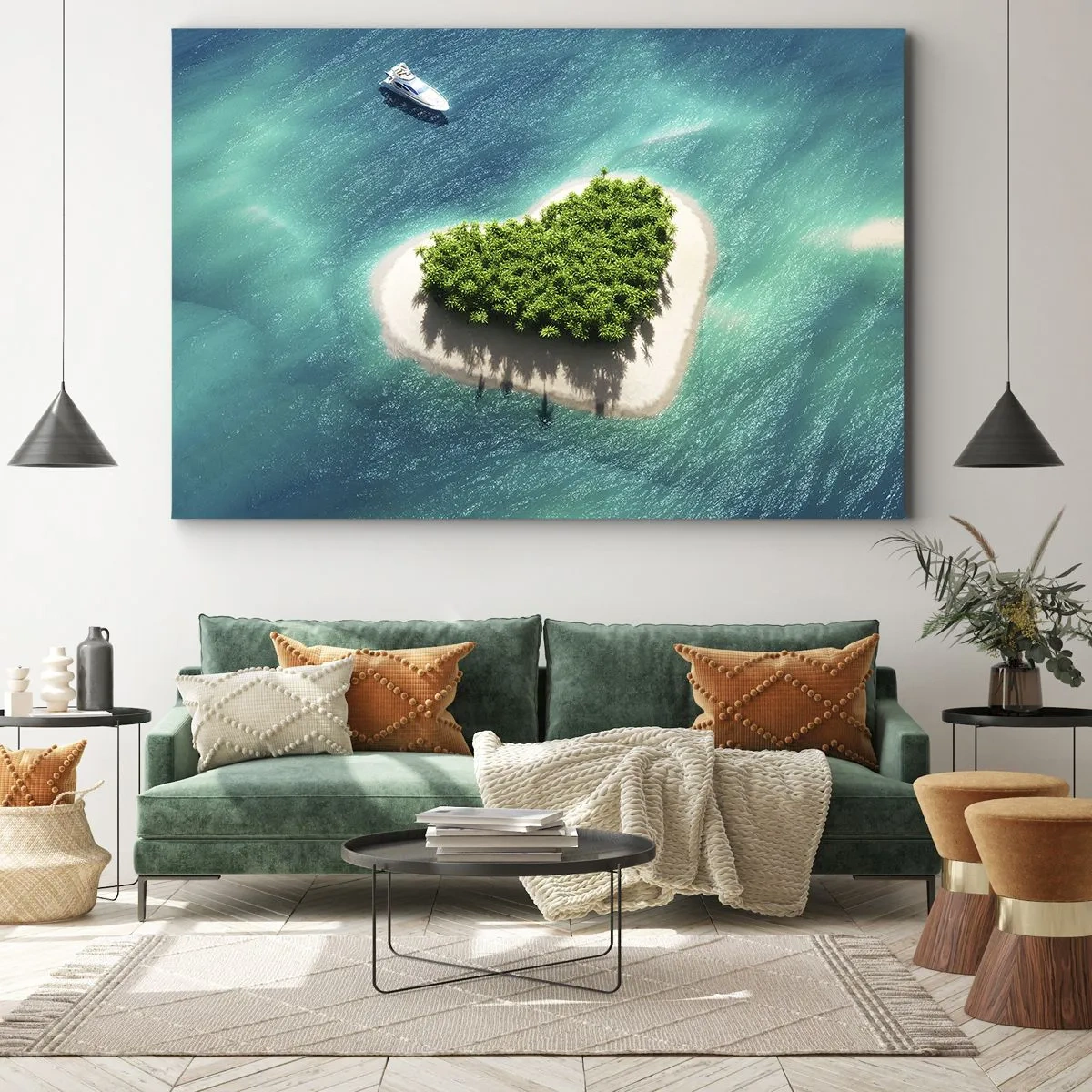Schilderen op canvas - Een romantisch hartvormig eiland in een turquoise zee - 70x50cm - Ik hou van de zomer - Moderne wanddecoratie voor woonkamer en slaapkamer ARTTOR