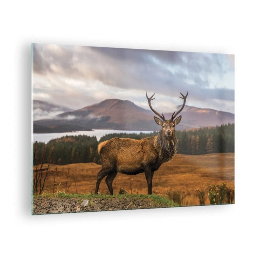 Schilderen op glas - Herten tegen de achtergrond van pittoreske bergen en bossen - 70x50cm - De majesteit van de natuur - Moderne wanddecoratie voor woonkamer en slaapkamer ARTTOR