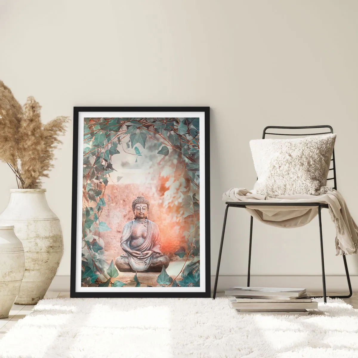 Poster in een zwarte lijst - Een Boeddhabeeld omgeven door klimop in een meditatieve aura - 50x70cm - Vreugdevolle harmonie - Moderne wanddecoratie voor woonkamer en slaapkamer ARTTOR