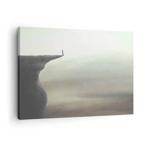 Schilderen op canvas - Silhouet van een figuur op de rand van een klif in een mistig landschap - 70x50cm - Omhoog, natuurlijk! - Moderne wanddecoratie voor woonkamer en slaapkamer ARTTOR