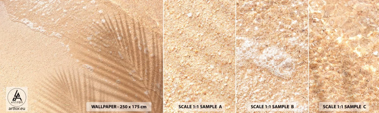 Fotobehang Monster Zelfklevend Deluxe Sticker - De schaduw van een hete zomer - Abstractie, Zand Op Het Strand, Bladeren - 100x30 cm