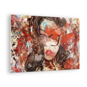 Schilderen op glas - Abstract portret van een vrouw in tinten rood en beige - 70x50cm - Niemand weet wat je werkelijk bent - Moderne wanddecoratie voor woonkamer en slaapkamer ARTTOR