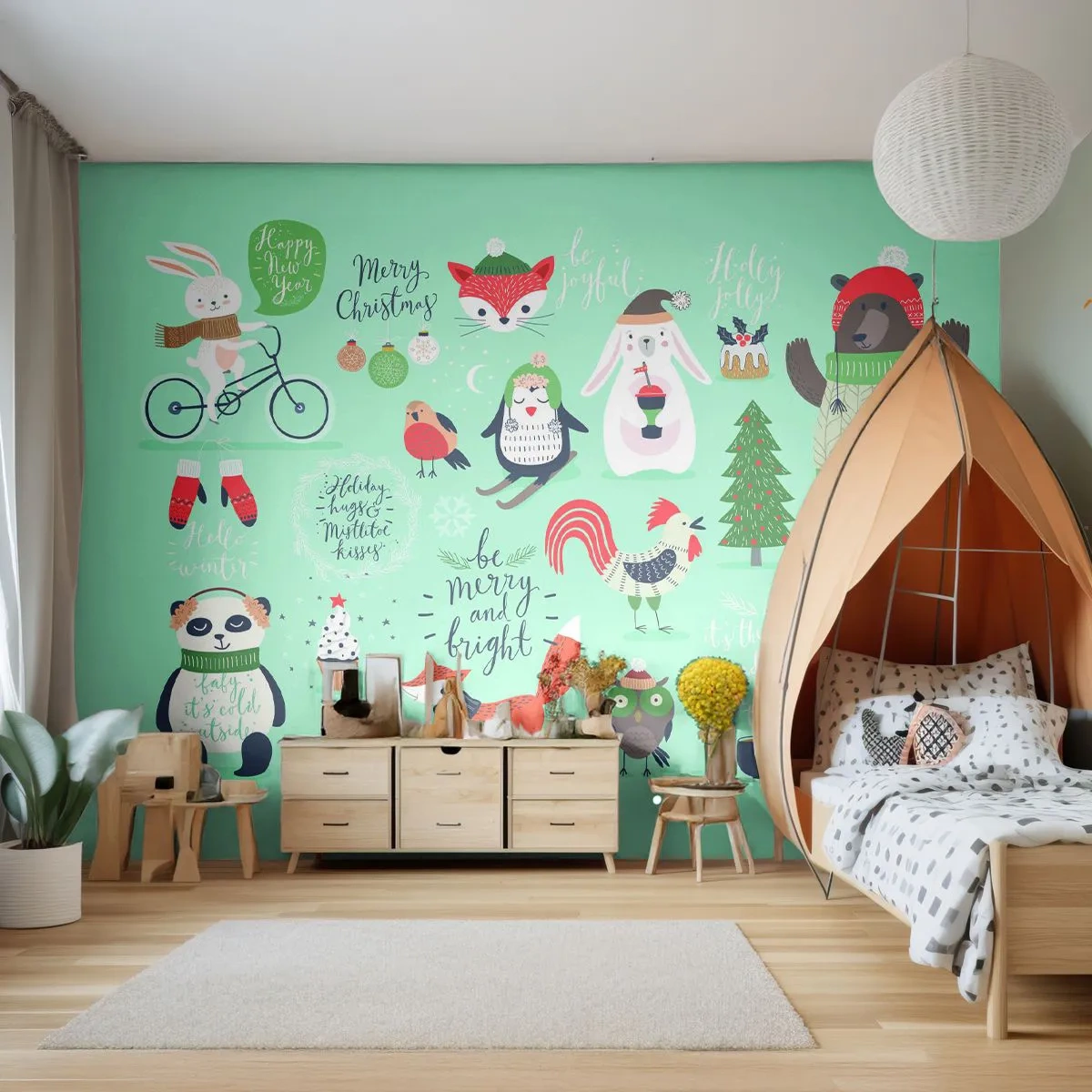 Fotobehang Premium Canvas - Moge het altijd kerst zijn! - Voor kinderen, Winter, Gelukkige dieren - 250x175 cm