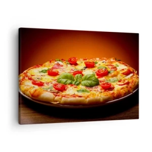 Schilderen op canvas - Pizza met tomaten en basilicum op een houten tafel - 70x50cm - Mama Mia! - Moderne wanddecoratie voor woonkamer en slaapkamer ARTTOR