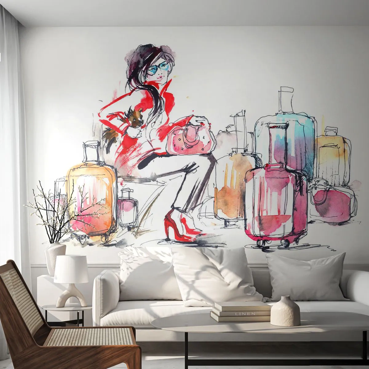 Fotobehang Premium Canvas - Laten we gaan zitten voor de reis - Vrouw, Reis, Koffer - 350x256 cm