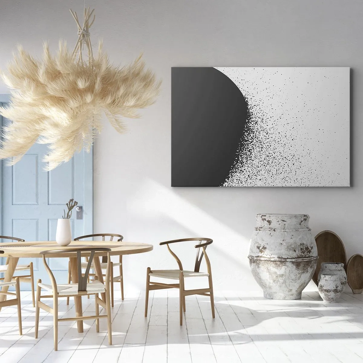 Schilderen op canvas - Abstract patroon met zwarte deeltjes op een lichte achtergrond - 70x50cm - Beweging van moleculen - Moderne wanddecoratie voor woonkamer en slaapkamer ARTTOR