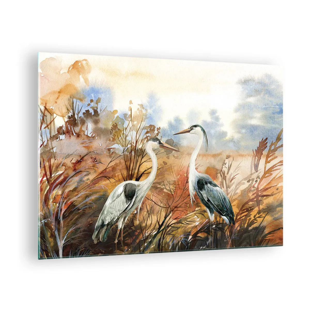 Schilderen op glas - Twee kraanvogels in een herfstlandschap geschilderd met waterverf - 70x50cm - Waarheen in de herfst? - Moderne wanddecoratie voor woonkamer en slaapkamer ARTTOR