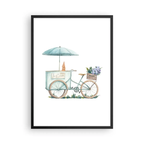 Poster in een zwarte lijst - Aquarelillustratie van een fiets met ijs en bloemen - 50x70cm - Zoete herinnering aan de zomer - Moderne wanddecoratie voor woonkamer en slaapkamer ARTTOR