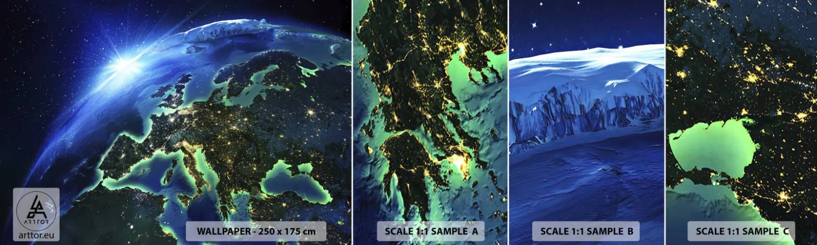 Fotobehang Staaltje Standard Eco - Sprankelend Europa - Kosmos, Planeet aarde, Continenten - 100x30 cm