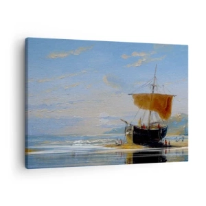 Schilderen op canvas - Een schip aan de kust op een zonnige dag - 70x50cm - Water, bodem, lucht - Moderne wanddecoratie voor woonkamer en slaapkamer ARTTOR