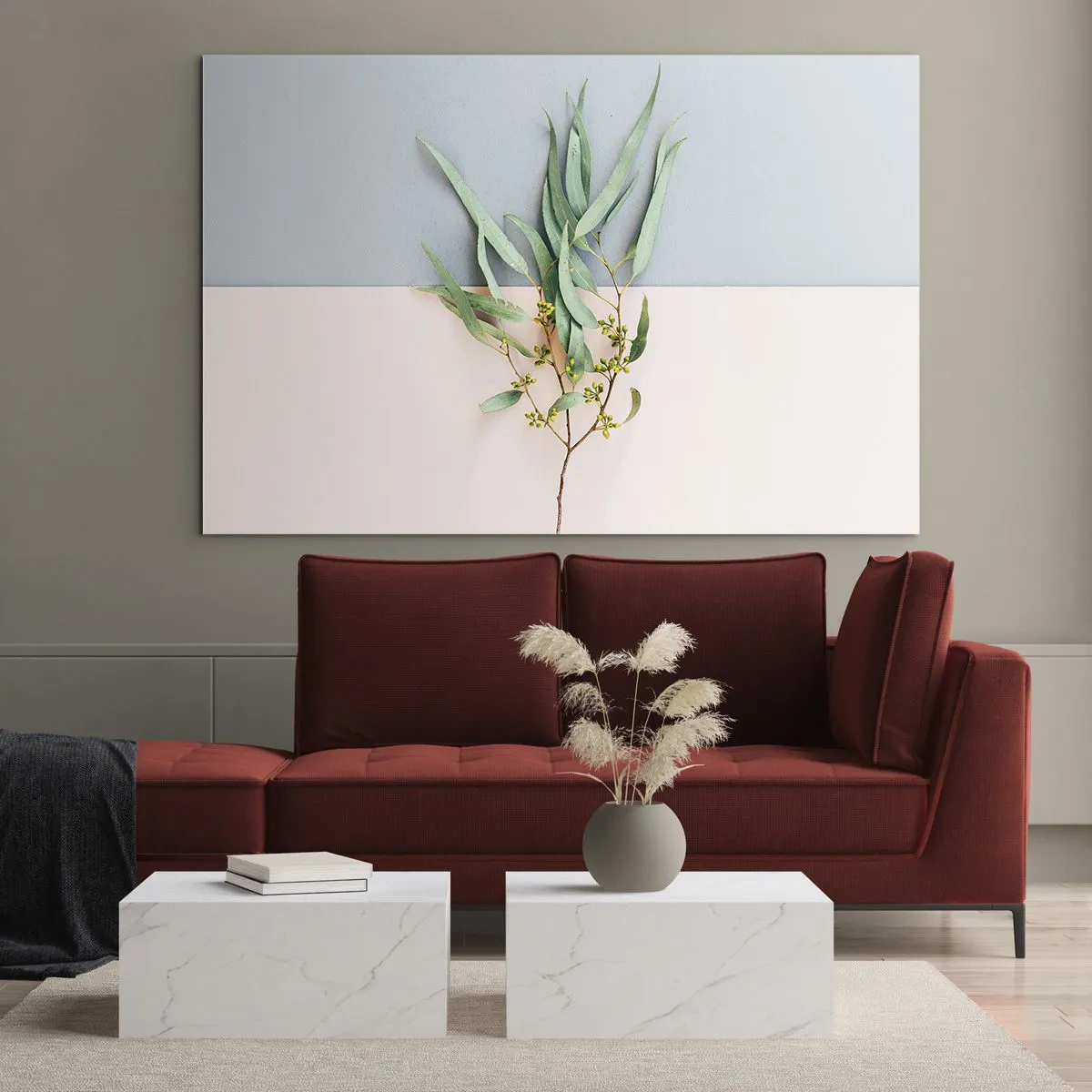 Schilderen op glas - Een takje eucalyptus op een pastelkleurige achtergrond - 70x50cm - Subtiliteit in pastelkleuren - Moderne wanddecoratie voor woonkamer en slaapkamer ARTTOR