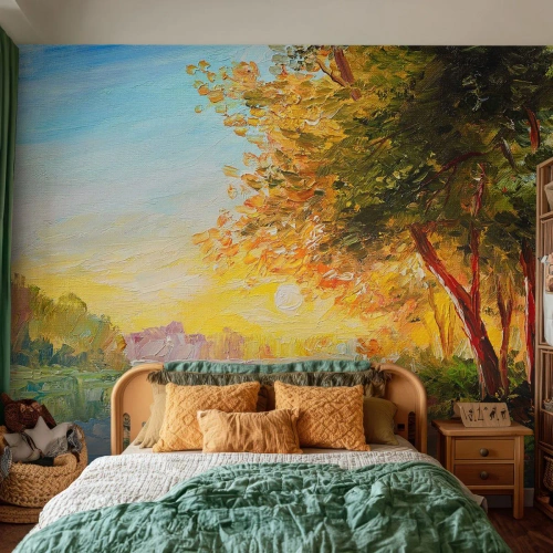 Fotobehang Premium Sand - Et in Arcadia ego - Landschap, Rivier, Stralen van de zon - 100x70 cm