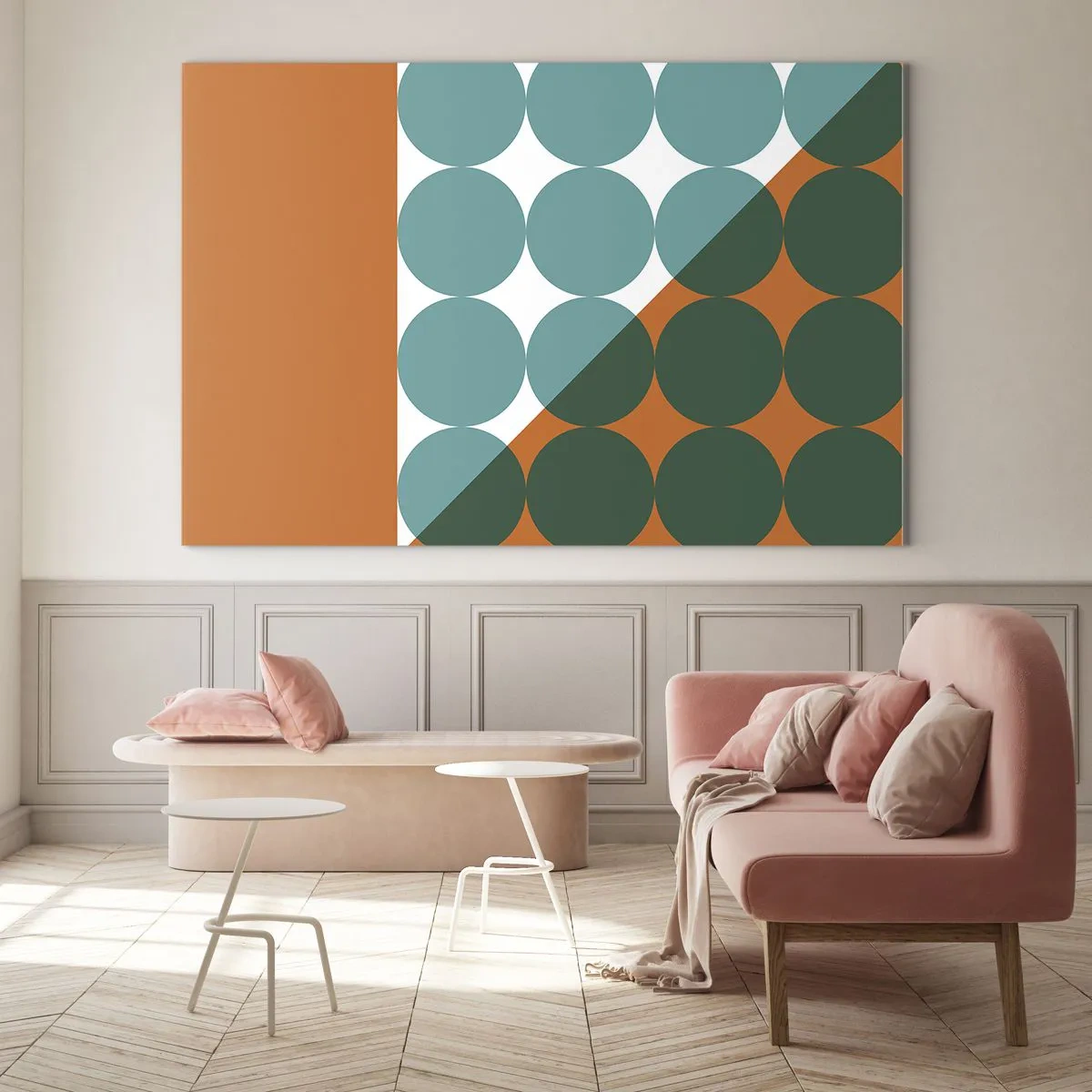 Schilderen op glas - Abstracte geometrische compositie met cirkels en een driehoek - 70x50cm - Omhoog en diagonaal - Moderne wanddecoratie voor woonkamer en slaapkamer ARTTOR