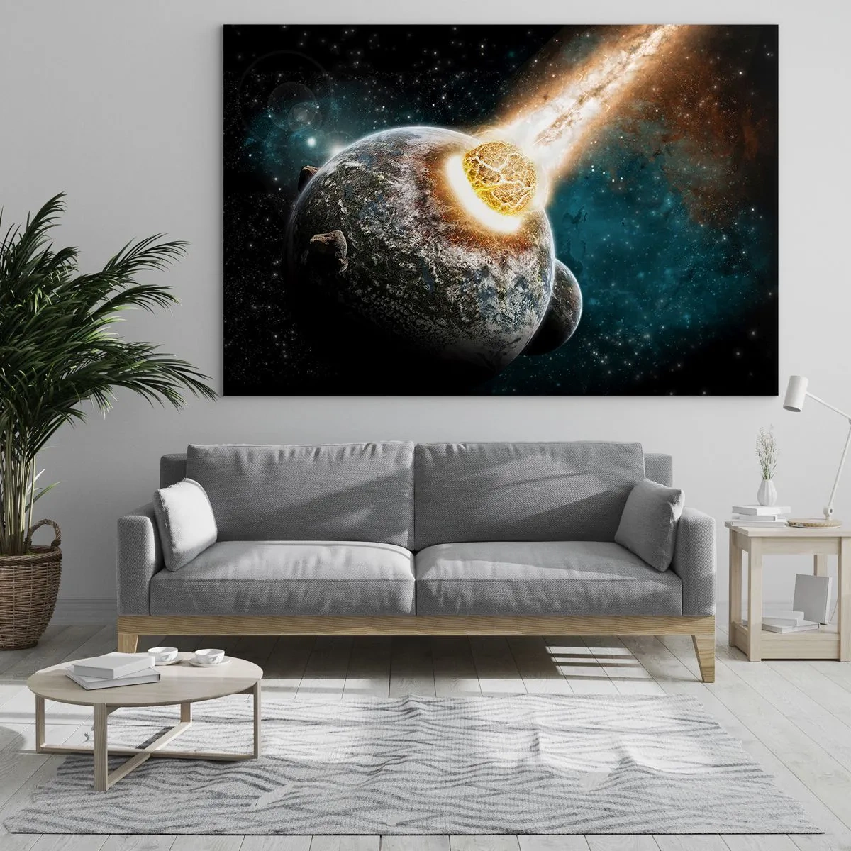 Schilderen op glas - Een planeet die botst met een meteoriet - 70x50cm - Vernietiging of geboorte - Moderne wanddecoratie voor woonkamer en slaapkamer ARTTOR