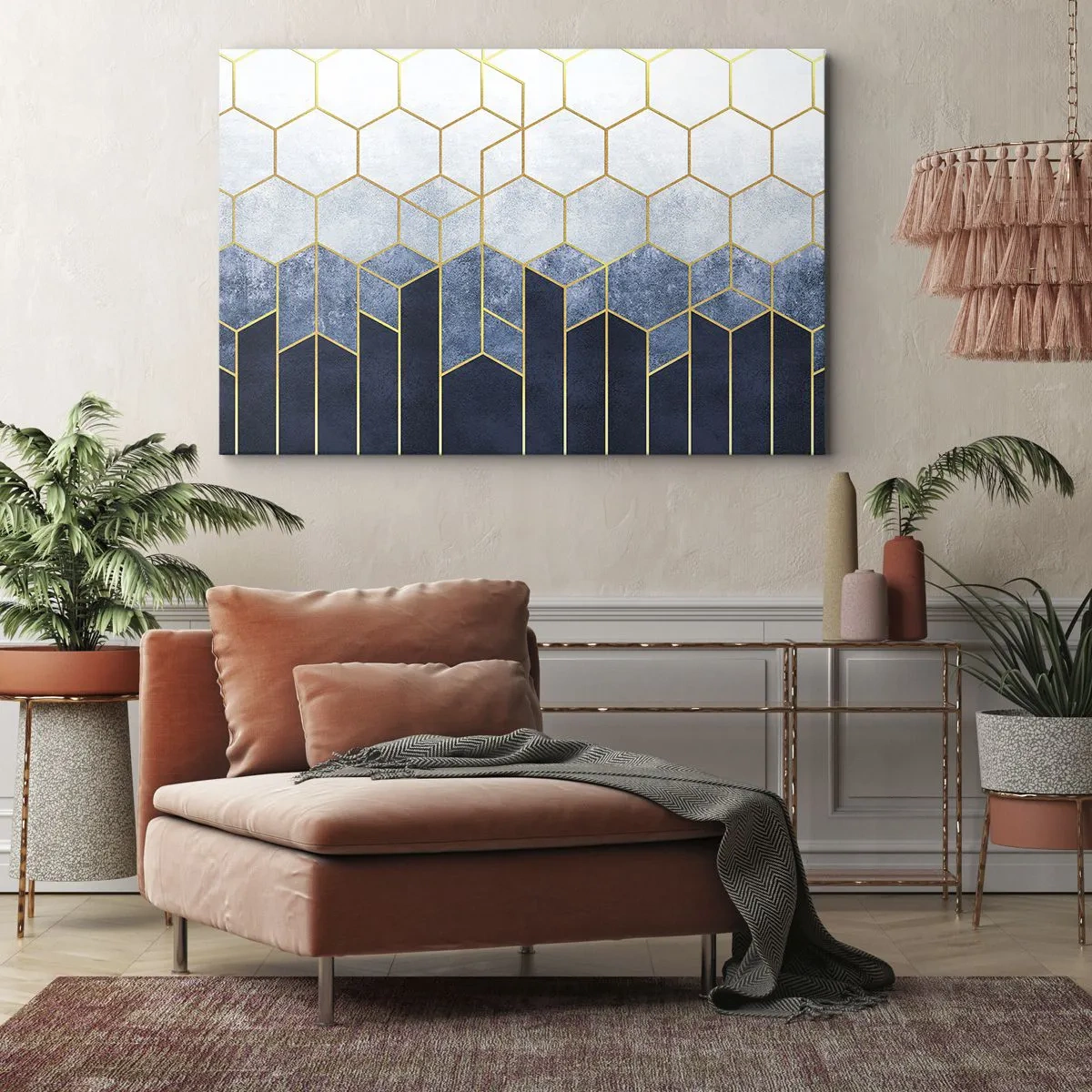 Schilderen op canvas - Geometrisch patroon in tinten goud en marineblauw - 70x50cm - Compositie in een gesyncopeerd ritme - Moderne wanddecoratie voor woonkamer en slaapkamer ARTTOR