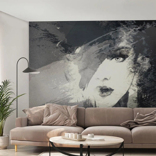 Zelfklevend Fotobehang Deluxe Sticker - Achter een grijze sluier - Het gezicht van de vrouw, Zwart en wit, Ogen - 500x350 cm