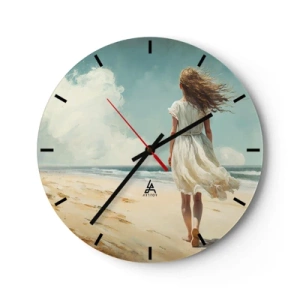 Wandklok - Klok - Een vrouw in een witte jurk loopt op blote voeten op het strand - 30x30cm - Om de zon en de wind te ontmoeten - Moderne wanddecoratie voor woonkamer, keuken en slaapkamer ARTTOR
