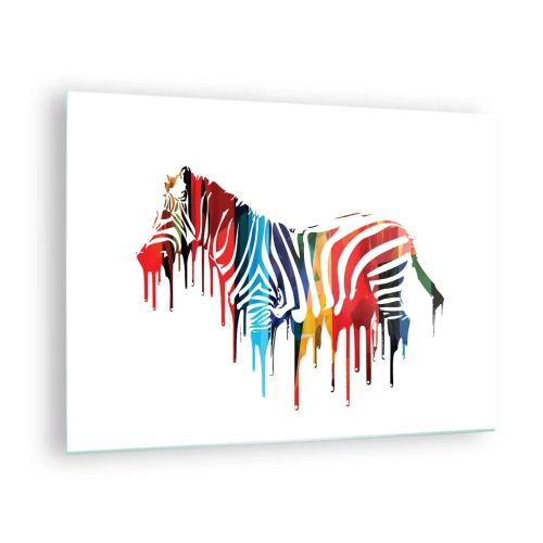 Schilderen op glas - Een kleurrijke zebra in een abstracte vorm met een druppelend verfeffect. - 70x50cm - Niet alleen zwart-wit - Moderne wanddecoratie voor woonkamer en slaapkamer ARTTOR