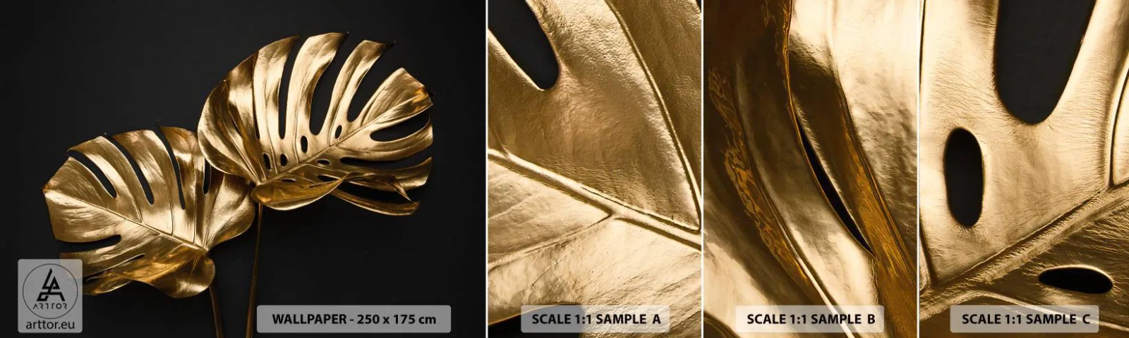 Fotobehang Staaltje Standard Eco - De schatten van de natuur - Abstractie, Gouden bladeren, Monstera-blad - 100x30 cm