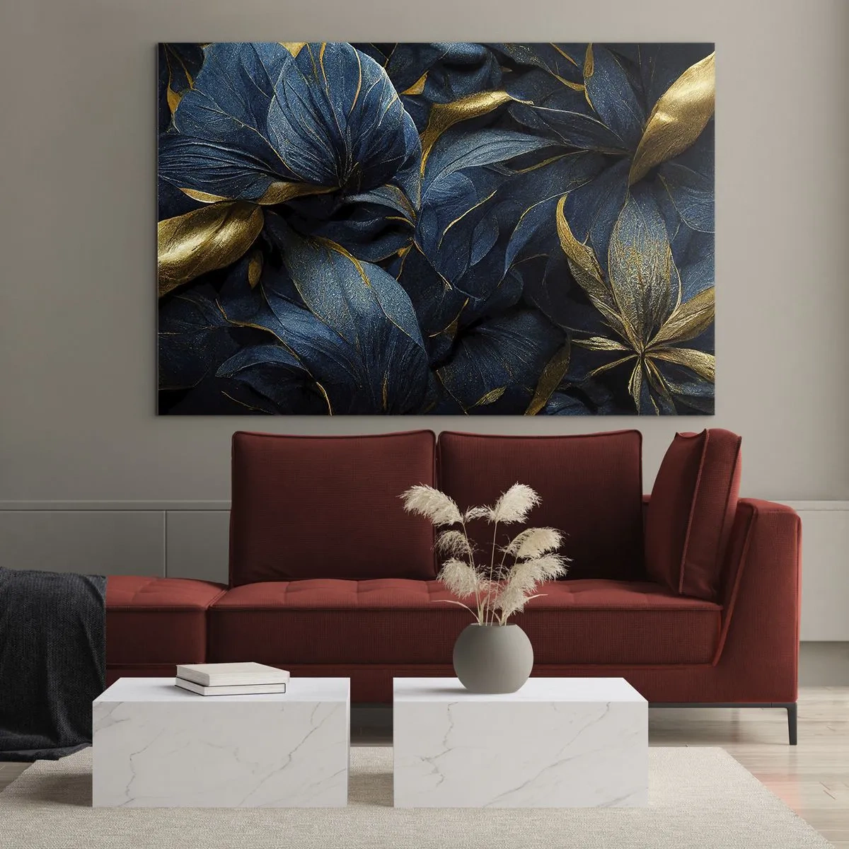 Schilderen op glas - Donkerblauwe bladeren met subtiele gouden accenten - 70x50cm - Met goud gevoerd - Moderne wanddecoratie voor woonkamer en slaapkamer ARTTOR