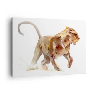 Schilderen op canvas - Een rennende leeuwin in een artistieke interpretatie - 70x50cm - Wilde gratie - Moderne wanddecoratie voor woonkamer en slaapkamer ARTTOR