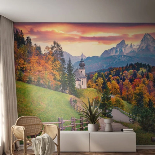 Fotobehang Premium Sand - Landschap zoals geschilderd - Berglandschap, Pad, Kerk - 100x70 cm