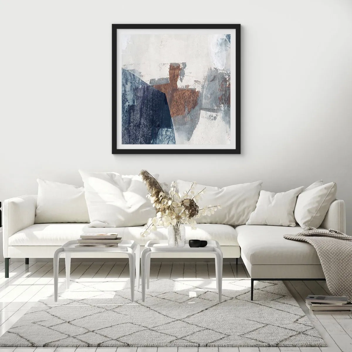 Poster in een zwarte lijst - Blauwe en bruine vormen - 40x40 cm