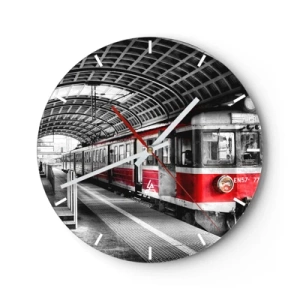 Wandklok - Klok - Rode trein op het station in industriële stijl - 30x30cm - Misschien is het een reis van je leven? - Moderne wanddecoratie voor woonkamer, keuken en slaapkamer ARTTOR