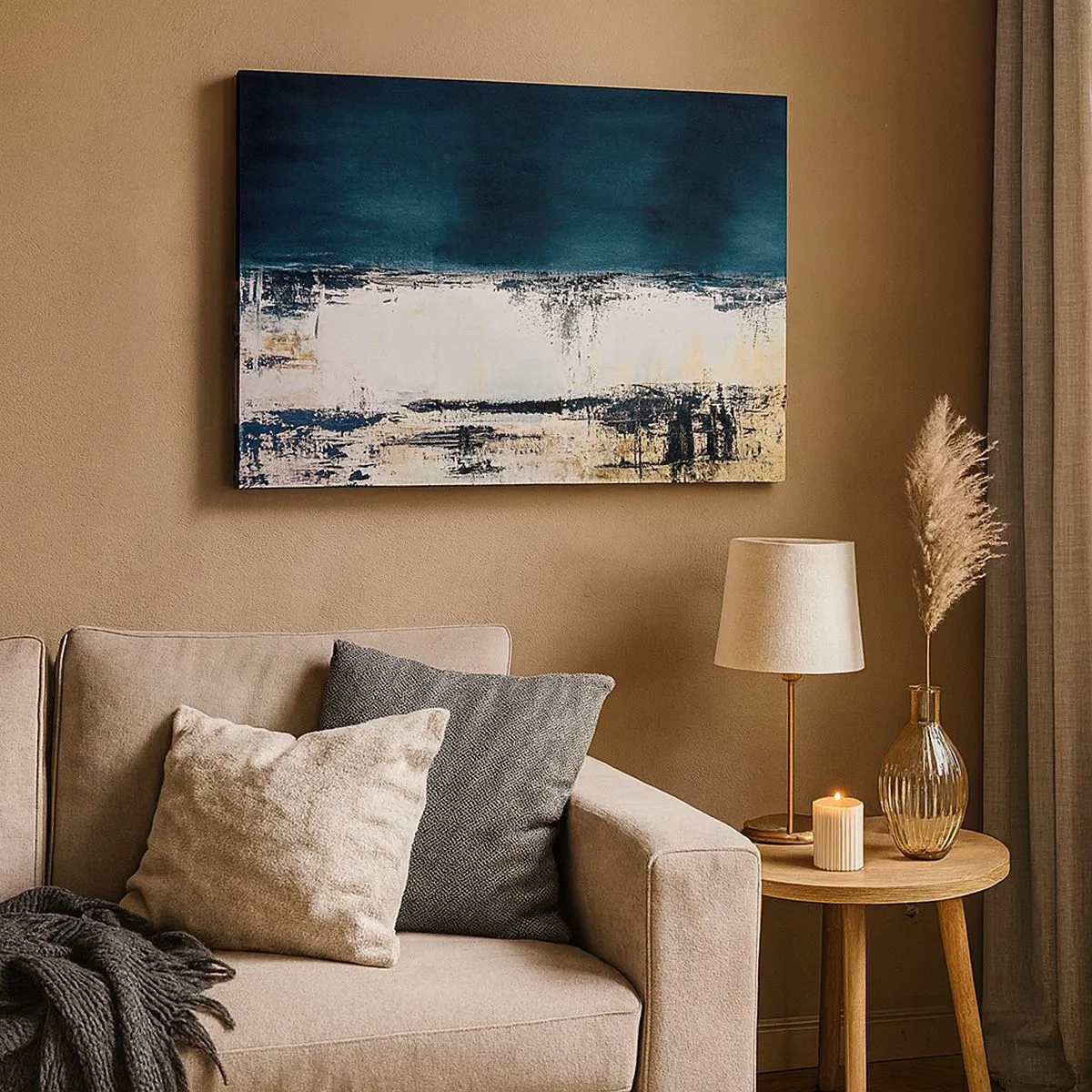 Schilderen op canvas - Abstracte horizontale compositie in tinten marineblauw en wit - 70x50cm - Horizontale compositie - Moderne wanddecoratie voor woonkamer en slaapkamer ARTTOR