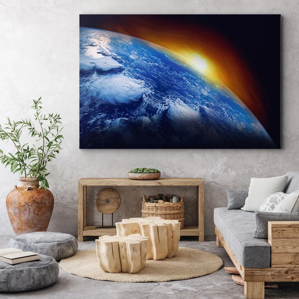 Schilderen op canvas - Zonsopgang boven de blauwe planeet - 100x70 cm