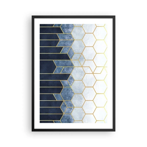 Poster in een zwarte lijst - Geometrische compositie in tinten marineblauw en goud met zeshoeken - 50x70cm - Compositie in een gesyncopeerd ritme - Moderne wanddecoratie voor woonkamer en slaapkamer ARTTOR