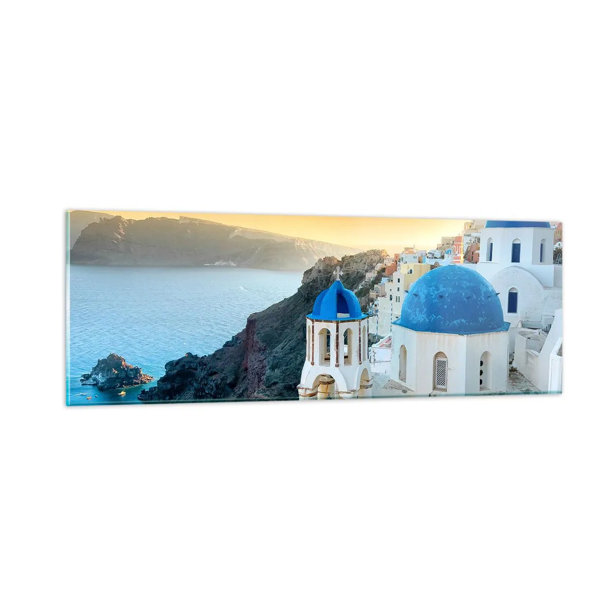 Schilderen op glas - Santorini - genesteld tegen de rotsen - 90x30 cm