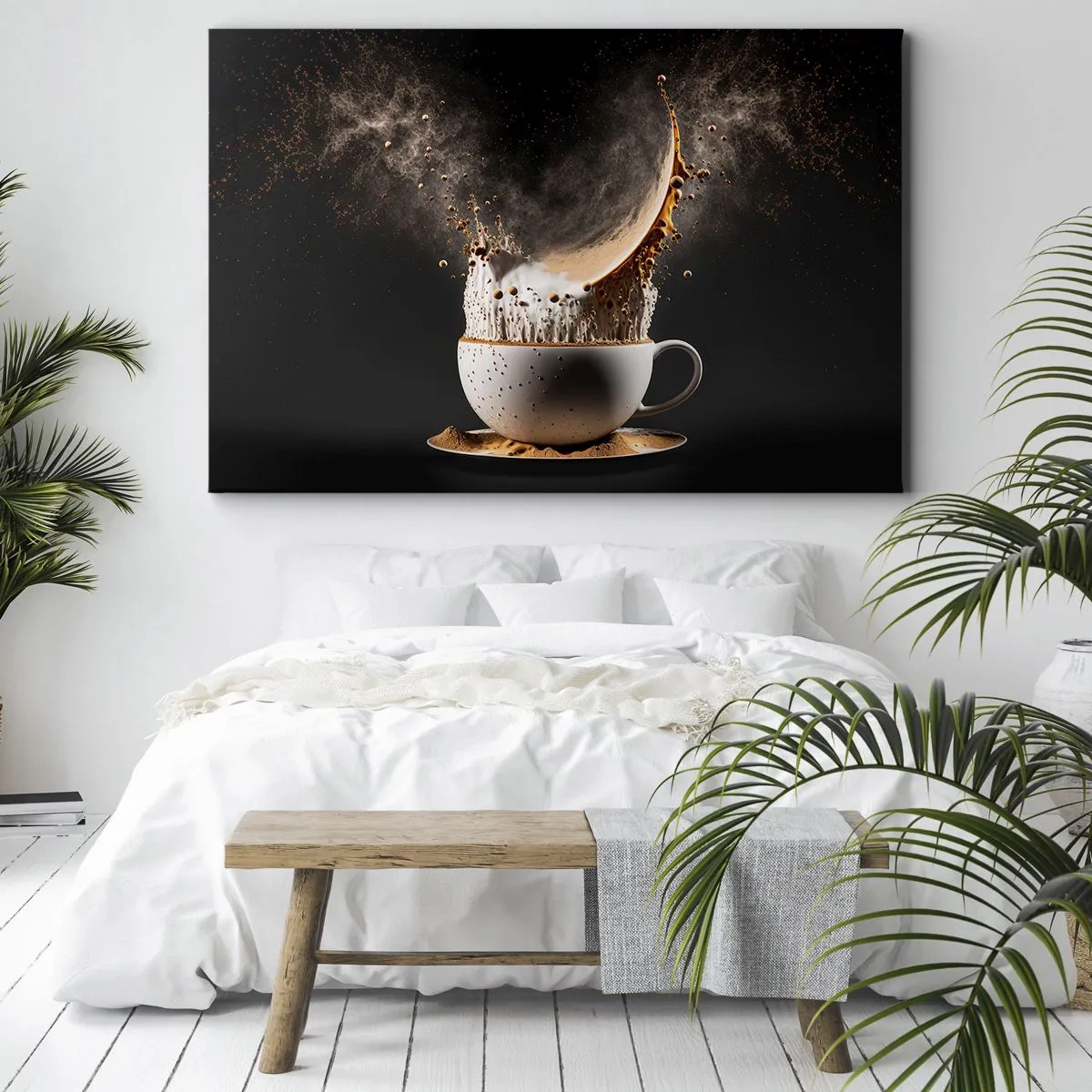 Schilderen op canvas - Een kopje koffie met een dynamische explosie van vloeistof op een zwarte achtergrond. - 70x50cm - Een explosie van smaak - Moderne wanddecoratie voor woonkamer en slaapkamer ARTTOR