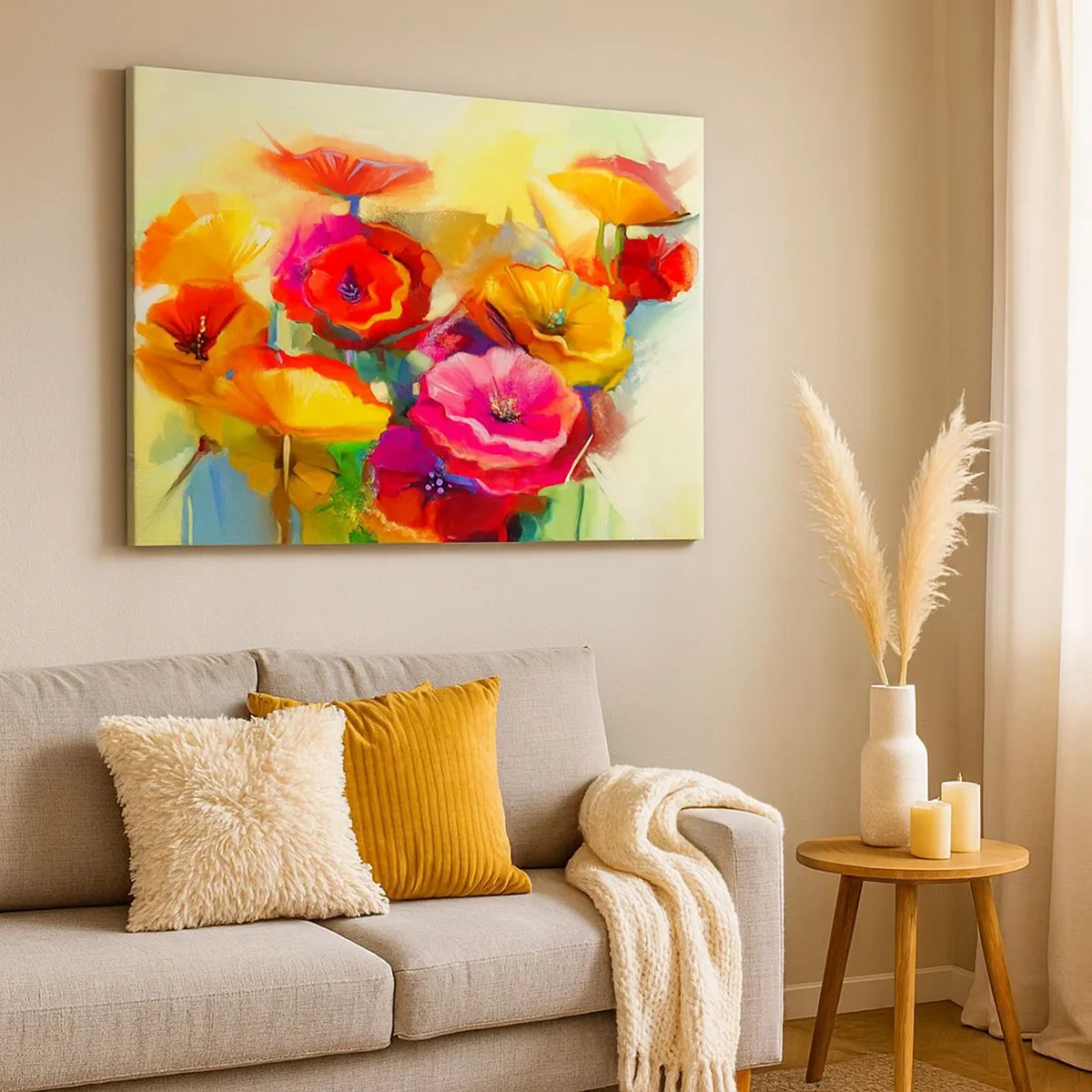 Schilderen op canvas - Kleurrijke abstracte bloemen op een lichte achtergrond - 70x50cm - Niet alleen rood - Moderne wanddecoratie voor woonkamer en slaapkamer ARTTOR