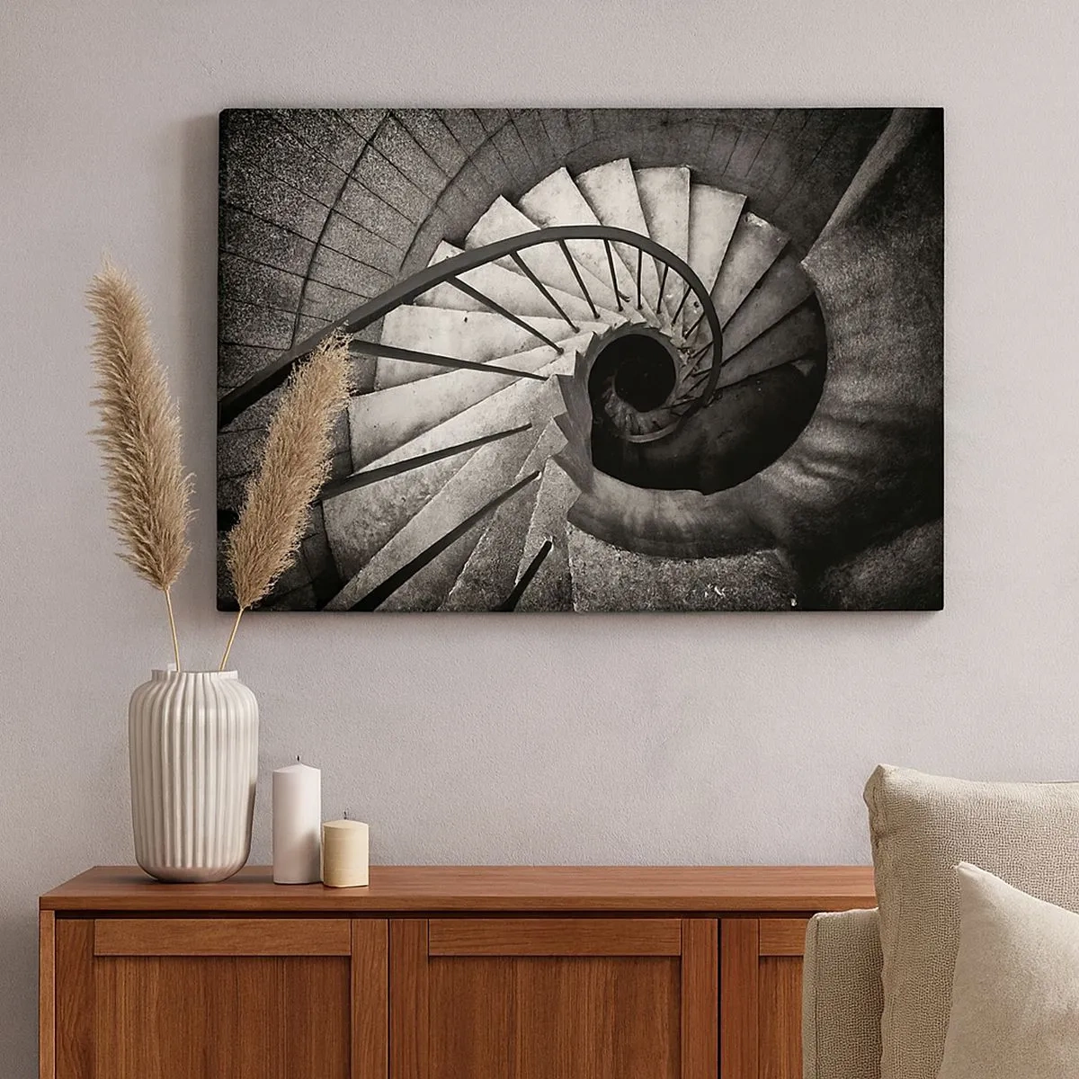 Schilderen op canvas - Zwart-witte wenteltrap in moderne stijl - 70x50cm - De trap op, de trap af - Moderne wanddecoratie voor woonkamer en slaapkamer ARTTOR