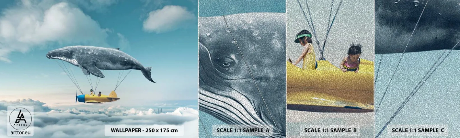 Fotobehang Monster Premium Sand - Waarom niet? - Walvis, Kinderen, Vliegtuig - 100x30 cm