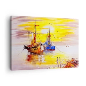 Schilderen op canvas - Een schilderachtig tafereel van boten op een kalme zee - 70x50cm - Een welverdiende rust in de haven - Moderne wanddecoratie voor woonkamer en slaapkamer ARTTOR
